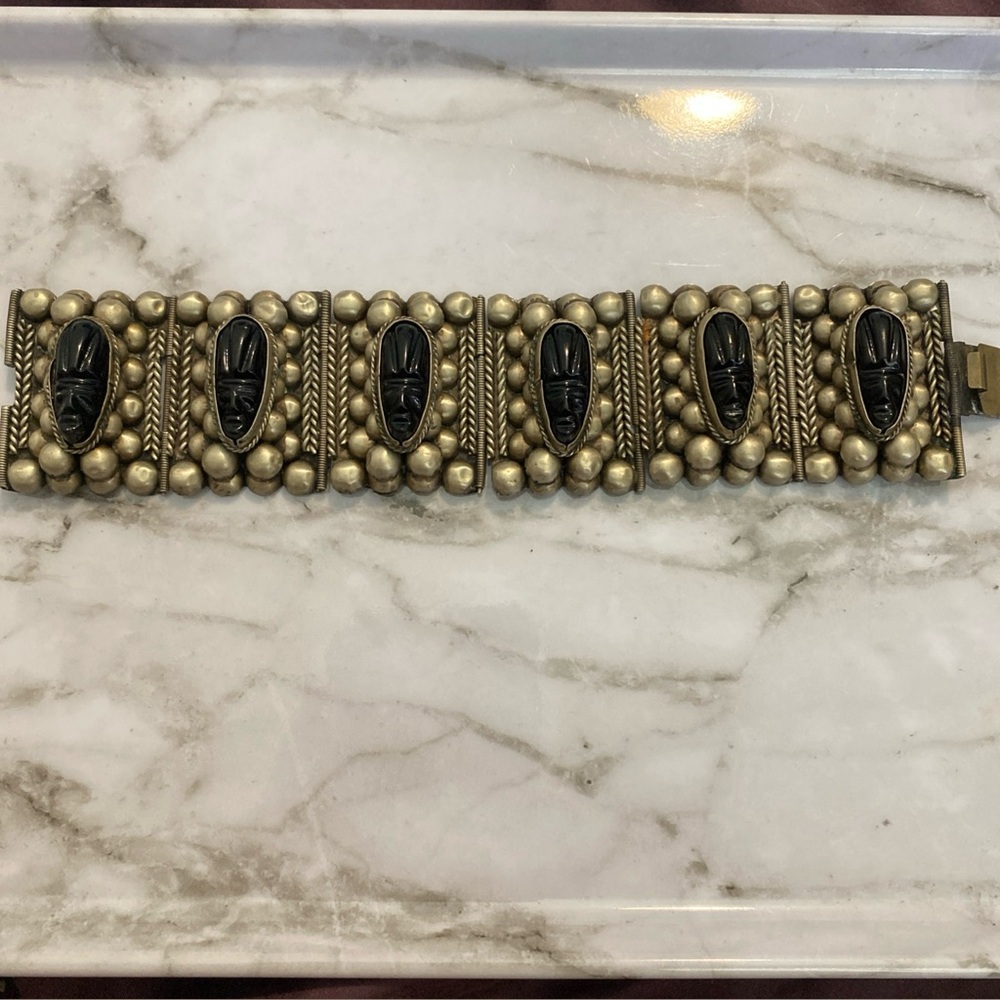 Antique Handmade Hinged Silver and Onyx Cameo Bracelet